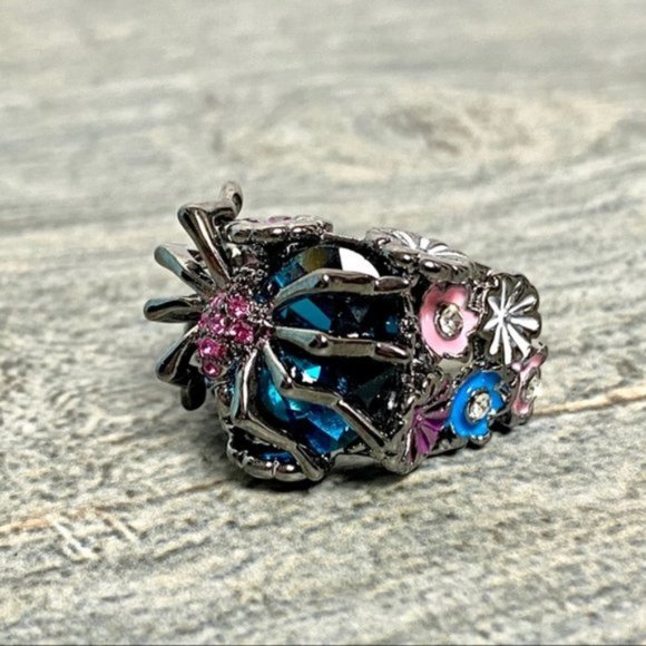 Silver Turkish Hand Made Spider & Flower Ring - Picture 1 of 4